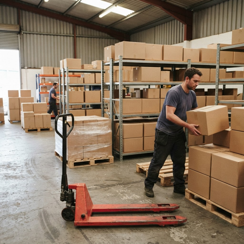 Depósito logístico de CLI Logística con racks organizados, mercadería en pallets y operarios trabajando