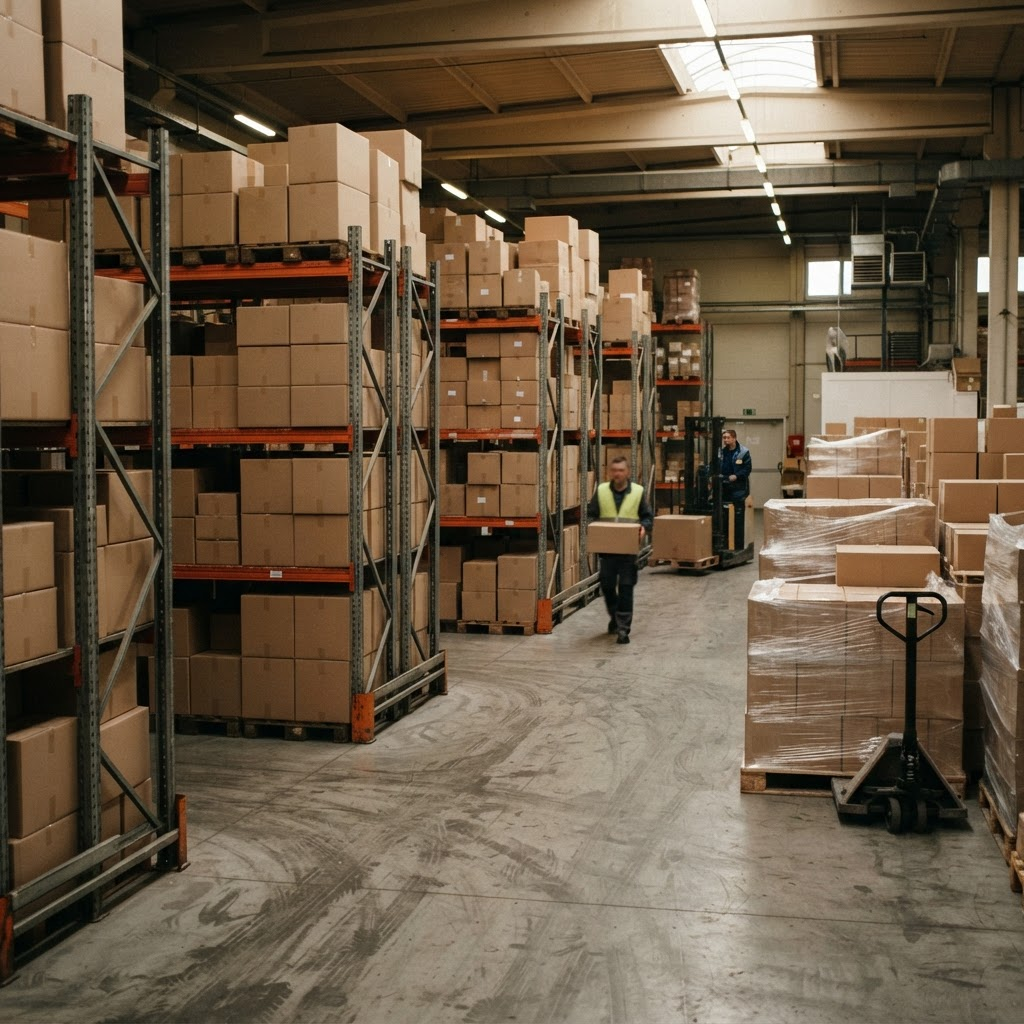 Interior del depósito con racks de estanterías y mercadería en pallets