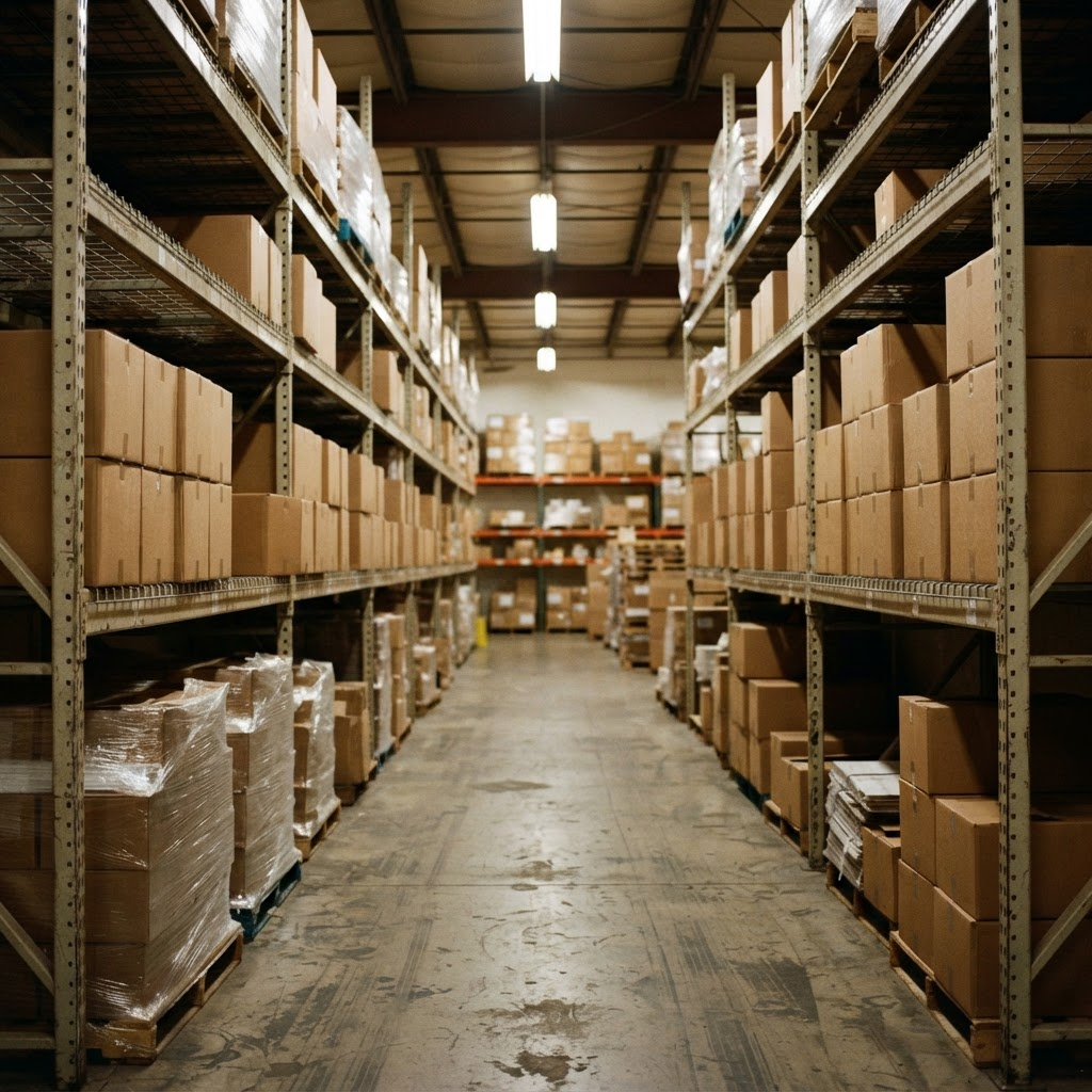 Pasillo de guardado con estanterías cargadas de cajas y pallets